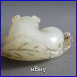 Fine Antique Chinese 18th Century Carving Of A Cat Or Dragon Leaf White Jade