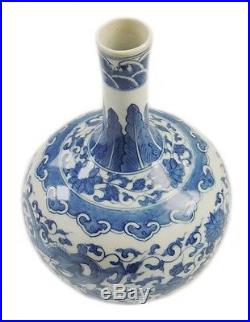Fine Antique Chinese Blue And White Dragon Flower Vases Porcelain Qianlong Mark