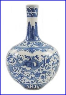 Fine Antique Chinese Blue And White Dragon Flower Vases Porcelain Qianlong Mark