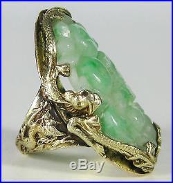 Fine Antique Chinese Carved Apple Jade 14k Gold Imperial Court Dragon Ring SIGND