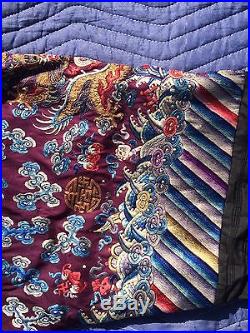 Fine Antique Chinese Embroidered Silk Robe With Several Dragons / Gold Thread