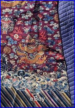 Fine Antique Chinese Embroidered Silk Robe With Several Dragons / Gold Thread