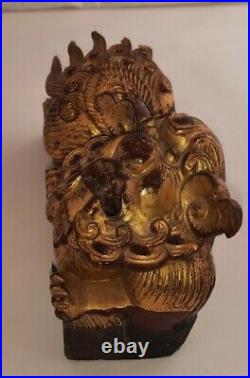 Fine Antique Chinese Hand Carved Wood Temple Dragon Gilt Red Statue