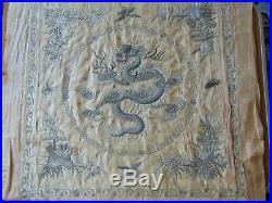 Fine Antique Chinese Hand Embroidered Silk Embroidery Dragon Panel Cover Signed