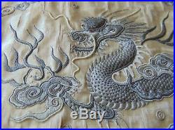 Fine Antique Chinese Hand Embroidered Silk Embroidery Dragon Panel Cover Signed