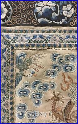 Fine Antique Chinese Hand-Embroidered Silk Framed Dragon Panel Qing- Framed