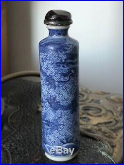Fine Antique Chinese Porcelain Blue & White Dragon Vase Snuff / Perfume Bottle