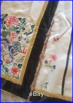 Fine Antique Chinese Satin Embroidered Skirt Dragon Flowers Butterflies Qing