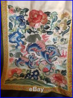 Fine Antique Chinese Satin Embroidered Skirt Dragon Flowers Butterflies Qing