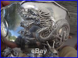 Fine Antique Chinese Silver Bowl with Dragons Wang Hing