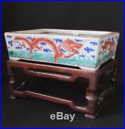 Fine Antique Signed Asian Chinese Porcelain Wu Cai Dragons Planter & Stand 19C