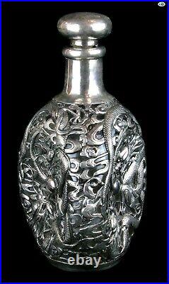 Fine Antique YUCHANG Chinese Six Dragons Repoussé Silver Overlay Glass Bottle