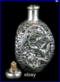 Fine Antique YUCHANG Chinese Six Dragons Repoussé Silver Overlay Glass Bottle