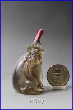 Fine Chinese Antique Carved Dragon Bag-shapes Natural Crystal Snuff Bottle 19th