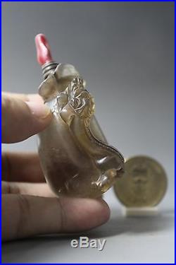 Fine Chinese Antique Carved Dragon Bag-shapes Natural Crystal Snuff Bottle 19th