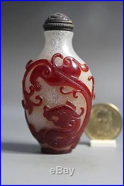 Fine Chinese Antique Carved Dragons Overlay Glass Snuff Bottle 19th C