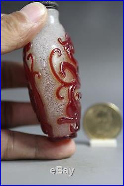 Fine Chinese Antique Carved Dragons Overlay Glass Snuff Bottle 19th C