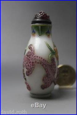 Fine Chinese Antique Overlay Carved Dragons Enamel Glass Snuff Bottle 19th C