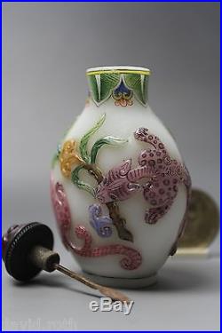 Fine Chinese Antique Overlay Carved Dragons Enamel Glass Snuff Bottle 19th C