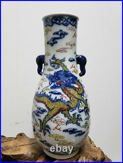 Fine Old Chinese Doucai Porcelain Double Ear Vase Three Dragons