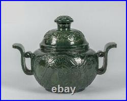 Fine Old Chinese Green Spinach Jade Censer with Dragon, mark on the bottom