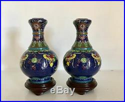 Fine PAIR Antique Old Chinese Cloisonne Vases Stands Dragons & Flaming Pearl