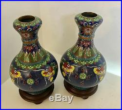 Fine PAIR Antique Old Chinese Cloisonne Vases Stands Dragons & Flaming Pearl
