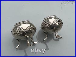 Fine Pair Of Antique Chinese Silver Open Salt Cellars With Dragons Wing Nam