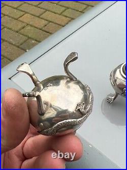 Fine Pair Of Antique Chinese Silver Open Salt Cellars With Dragons Wing Nam