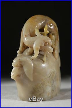 Fine antique Chinese carved soapstone dragon and mythical beast