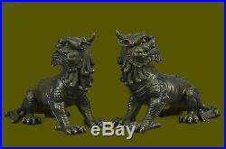 Folk Classic Bronze carved Feng Shui Guardian Fu Foo Dog Lion Pair Medium statue