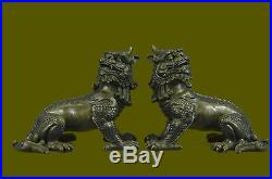 Folk Classic Bronze carved Feng Shui Guardian Fu Foo Dog Lion Pair Medium statue