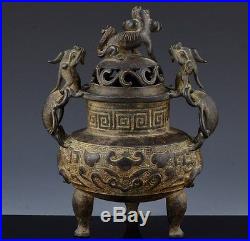 GREAT ANTIQUE CHINESE ARCHAIC FU LION DRAGON FIGURAL CENSER VASE w OLD PHOTO