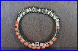GREAT CHINESE DOUBLE SILVER DRAGON WITH CORAL BEADS ANTIQUE BABY BANGLE