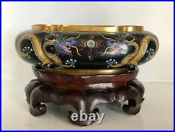 GREAT Old 11+ Chinese Cloisonne Oval Dragon Jardiniere Bowl Planter Fine Stand