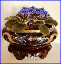 GREAT Old 11+ Chinese Cloisonne Oval Dragon Jardiniere Bowl Planter Fine Stand