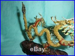 Good Chinese Sterling Silver Gilt Enamel Dragon Figure On Stand