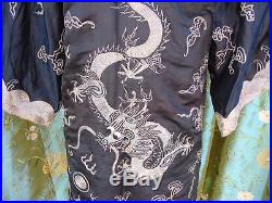 Gorgeous Antique Black Silk Embroidery Chinese Robe Dragons Bats Flaming Pearls