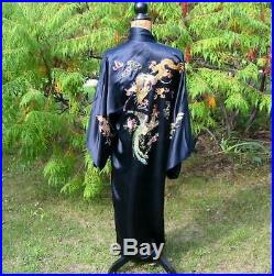 Gorgeous Vintage Chinese Embroidered Black Dragon Phoenix Long Silk Jacket Robe