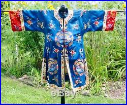 Gorgeous Vintage Royal Blue Chinese Embroidered Dragon Jacket Robe Silk