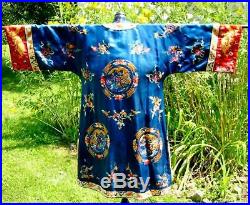 Gorgeous Vintage Royal Blue Chinese Embroidered Dragon Jacket Robe Silk