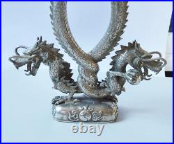 H. 52 Antique Chinese Qing Dynasty Silver- Plated Candlestick Dragon Sun