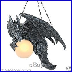 Hanging Menacing Dragon Perched Over A Lighted Orb High Detail Sculpture