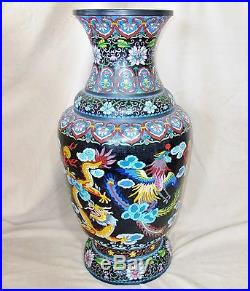 HUGE 30 Vintage Chinese Black Cloisonne Vase with PHOENIX Birds & DRAGONS
