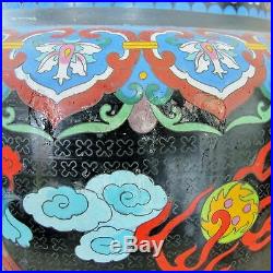 HUGE 30 Vintage Chinese Black Cloisonne Vase with PHOENIX Birds & DRAGONS