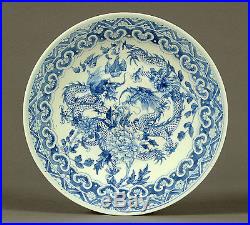 HUGE 34.5cm Antique 19thC Chinese Blue and White Porcelain Dragon Plate Charger