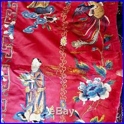 HUGE Antique Chinese Embroidered Silk Hanging Immortals Gods Dragon Caligraphy