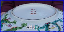 HUGE Antique Chinese Porcelain Famille Rose Nine Dragon Bowl Plate QIANLONG 38cm