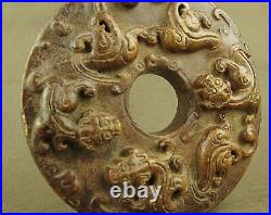 Han Dynasty 11 CM Chinese Antique Jade Carved Double hook Bird Totem 3 Dragon Bi Han Dynasty 11 CM Chinese Antique Jade Carved Double hook Bird Totem 3 Dragon Bi