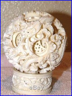 Hand Carved Antique Chinese 10 Layer Dragon Puzzle Ball withMatching Dragon Stand
